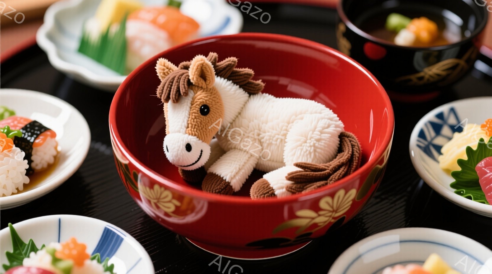 赤いお椀の中に、茶色い鬣とたてがみを持つ白いぬいぐるみ馬が横たわっています。周りには寿司や刺身が盛り付けられた白いお皿が並び、黒い膳の上に置かれています。全体的に、遊び心のある、少しユーモラスな雰囲気で、日本の食文化と可愛らしいぬいぐるみのコントラストが楽しめます。