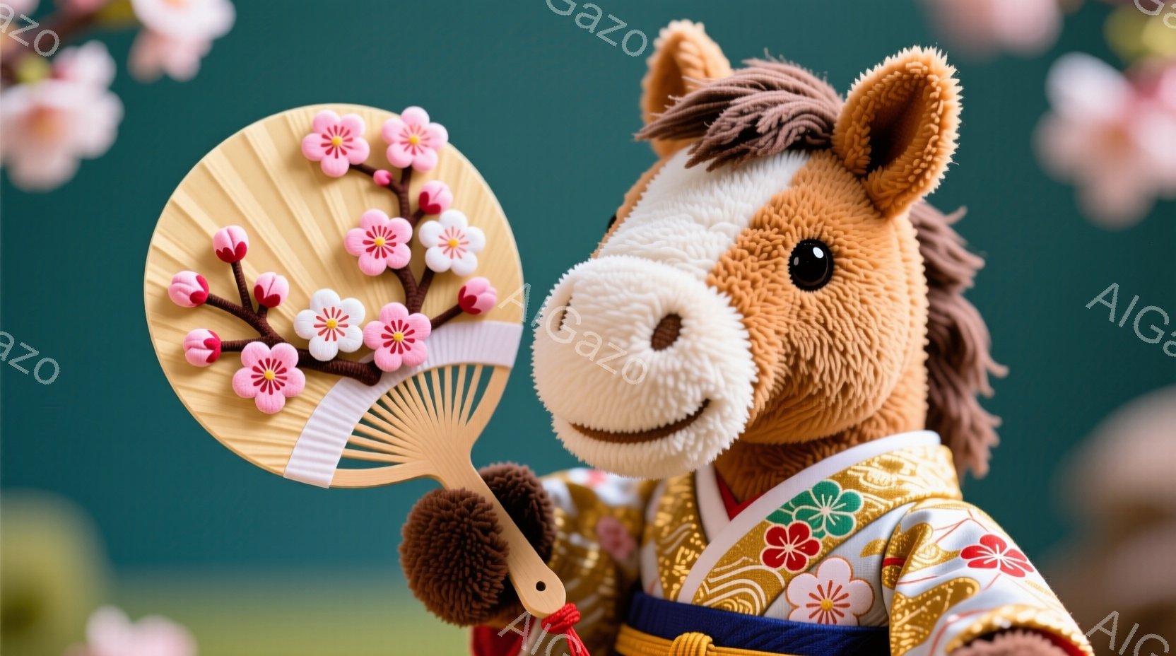 ぬいぐるみのような茶色の馬が、華やかな着物を身につけ、片手に桜の模様が描かれた扇子を持っています。表情は穏やかで、微笑んでいるように見え、背景には淡いピンク色の桜の花びらが舞い散る様子がぼんやりと見え - AI生成フリー素材