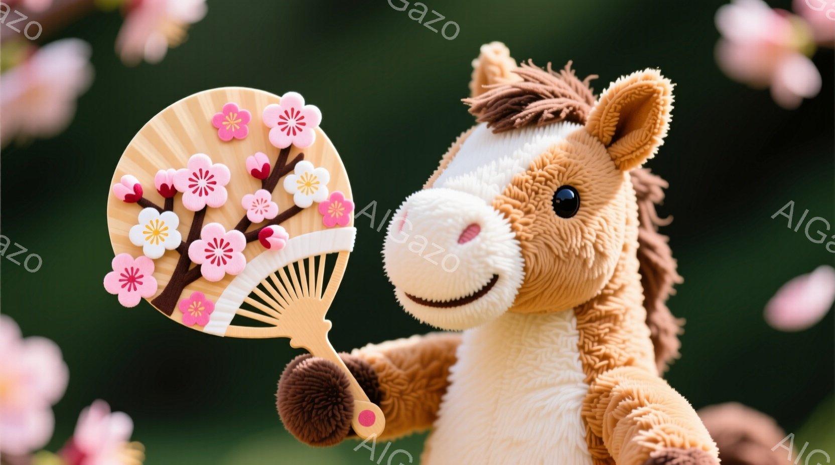ふわふわの茶色の馬のぬいぐるみは、ピンクと黄色の桜が描かれた扇子を片手に持っています。 ぬいぐるみは微笑んでおり、背景にはぼやけた桜の花びらが舞っている様子が見えます。全体的に春らしく、温かく可愛らしい雰囲気です。