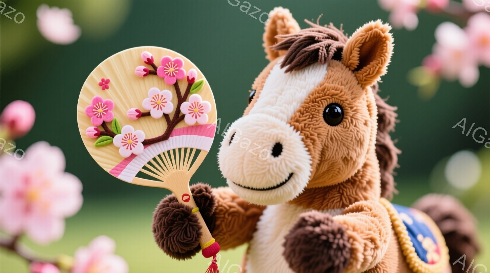 暖色系の毛並みを持つぬいぐるみ馬が、片手に桜模様の扇子を持って微笑んでいます。馬は、首に青い装飾が施されたベストを着ており、背景にはぼやけた桜の花が咲き誇る緑豊かな風景が広がっています。全体的に、春の - AI生成フリー素材