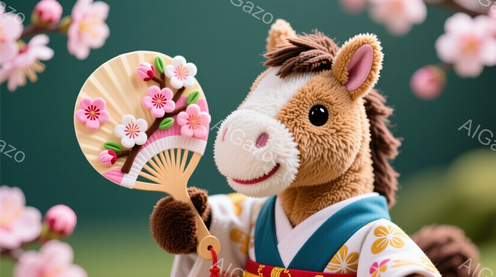 ふわふわの茶色のぬいぐるみ馬が、ピンク色の桜が描かれた扇子を持っています。馬は着物のような衣装を着ており、鮮やかな青色の襟と金色の帯が特徴的です。背景には、ぼやけた桜の花びらが咲き乱れ、春の穏やかな雰 - AI生成フリー素材