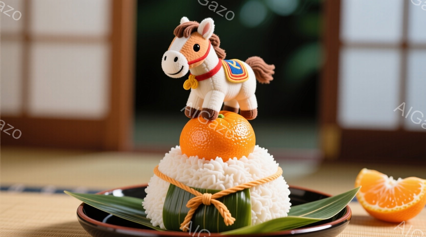 畳の上に黒いお皿が置かれ、その上に可愛らしいお餅が積まれています。お餅は緑色の海苔で巻かれ、鮮やかなオレンジがその頂上に置かれ、さらにその上に小さな馬のぬいぐるみがちょこんと座っています。全体的に暖かく、お祝いの雰囲気が漂い、日本の伝統的なお正月や行事を連想させます。