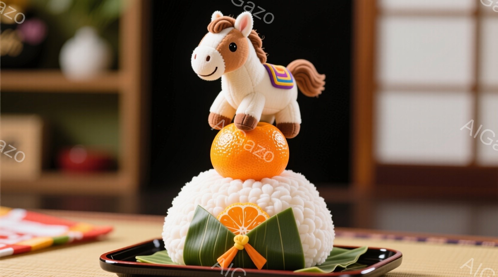 漆黒の膳の上に、白い俵型の堆朱が積み上げられ、その頂にみかんが置かれています。みかんの上には、可愛らしい白い馬のぬいぐるみが立っており、小さな鞍を背負っています。背景にはぼかした木製の棚が見え、全体的に新年の祝いを象徴する落ち着いた雰囲気が漂っています。