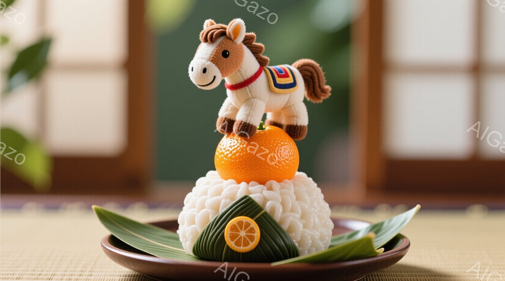 鮮やかなオレンジが、白い餅の上に置かれ、その上に小さな馬の置物が飾られています。馬は明るい茶色の毛並みで、鮮やかな色の鞍を背負い、笑顔を浮かべています。背景にはぼやけた畳の部屋の一部が見え、全体的に明るく、お祝いの雰囲気を感じさせます。