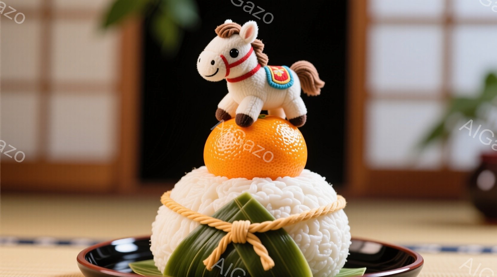 橙色のミカンが、白いお餅の上に飾られています。お餅は竹の葉で結ばれており、その上に可愛らしい白い馬の置物が載っています。背景には木製の棚が見え、日本の伝統的なお正月を連想させる、温かく穏やかな雰囲気です。