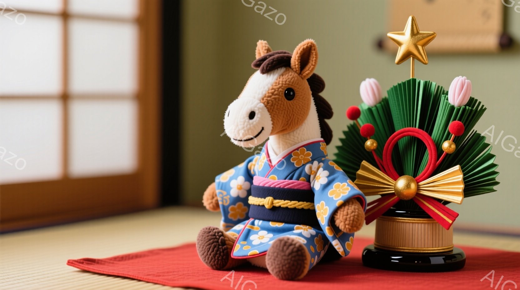 鮮やかな青色の着物を着た可愛らしい馬の人形が、赤い敷物の上に座っています。着物には白い花柄が描かれており、腰には金色の帯が締まっています。背景には畳と障子が見え、お正月らしい華やかな雰囲気が漂っていま - AI生成フリー素材