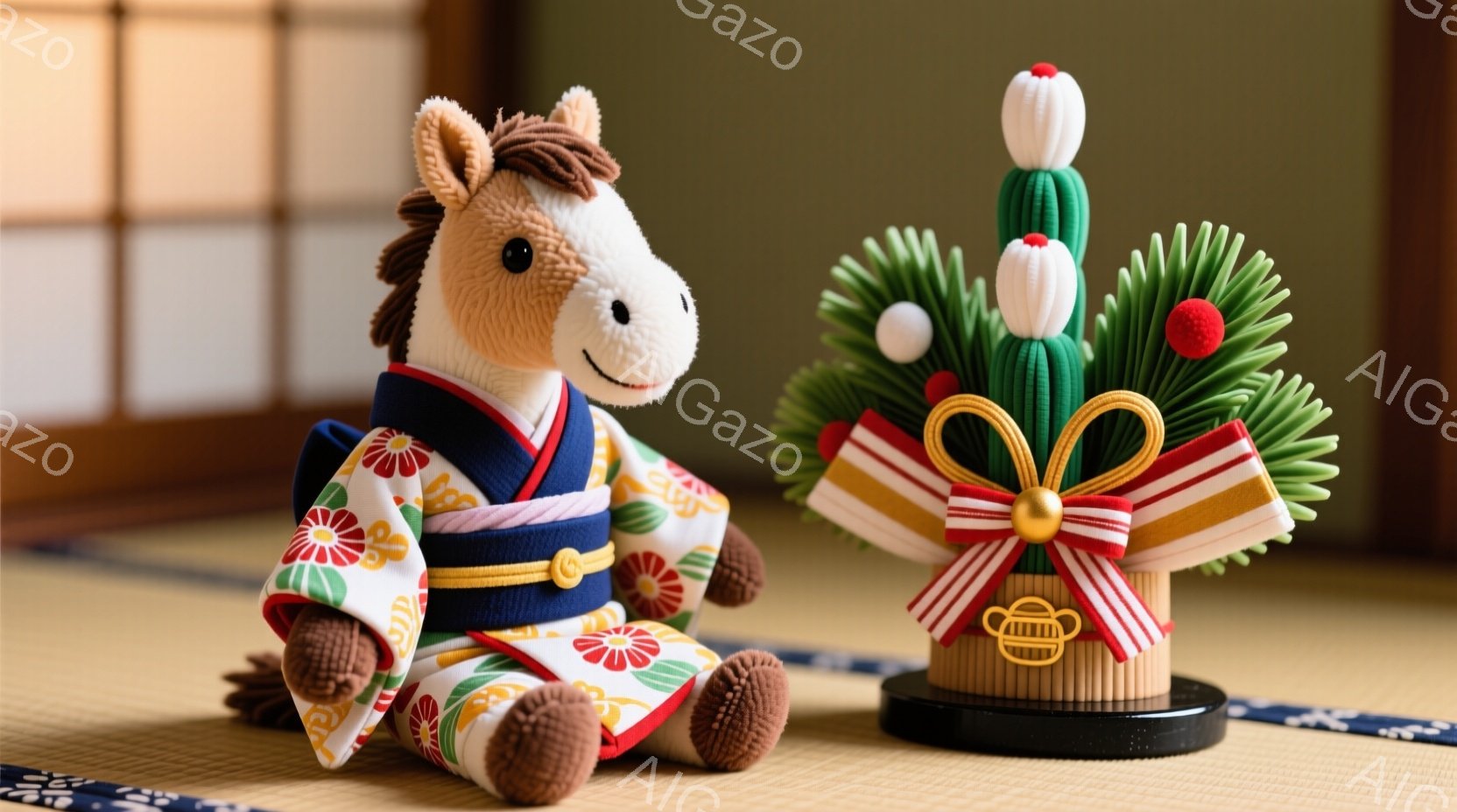 畳の上に、着物を着た可愛らしい馬のぬいぐるみと、お正月飾りの一対が置かれています。馬のぬいぐるみは、赤い模様が印象的なクリーム色の着物を身につけ、穏やかな表情をしています。背景には、障子窓が見え、全体的に落ち着いた、新年の雰囲気が漂っています。
