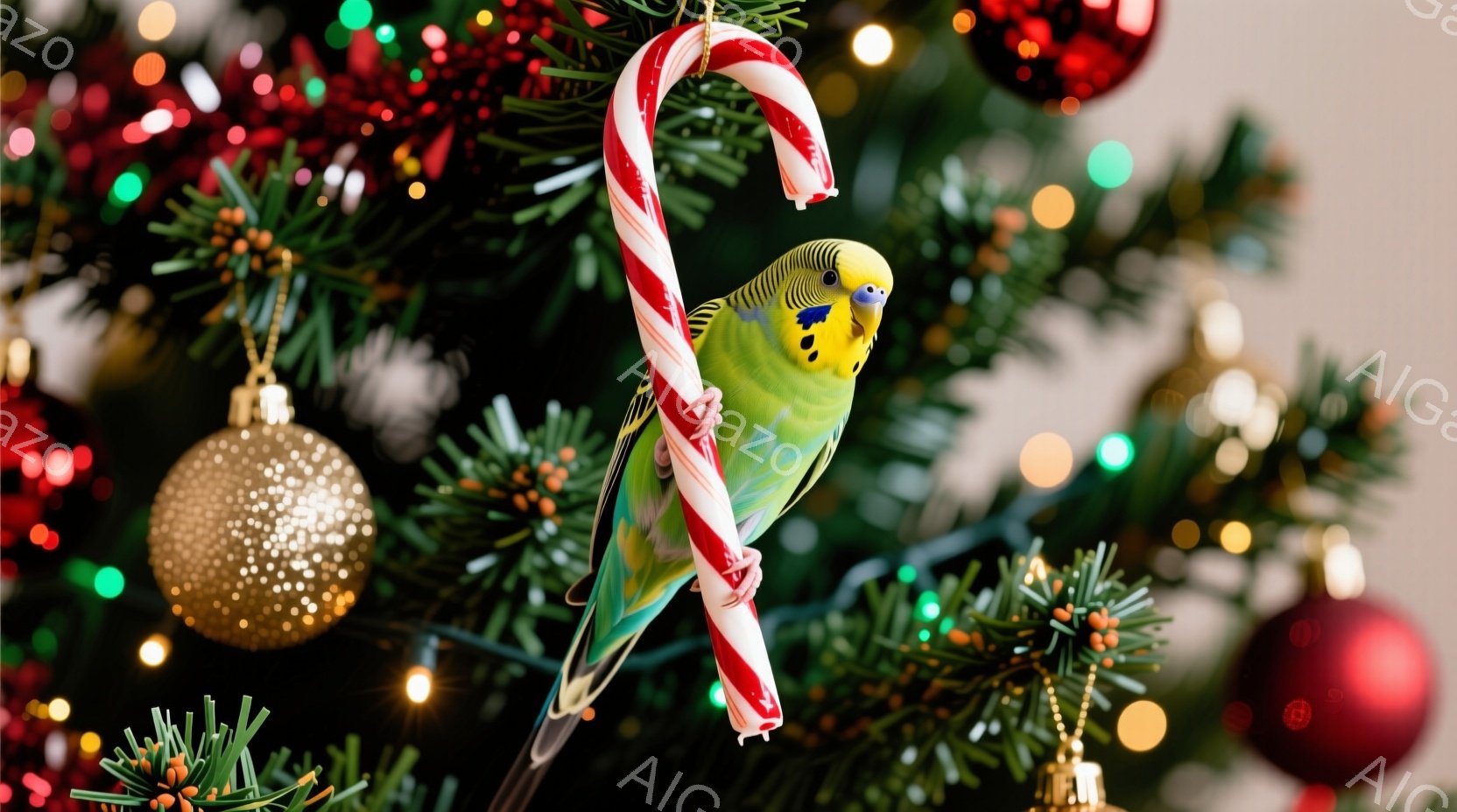 クリスマスツリーの枝に、鮮やかな緑色のインコが赤い縞模様のキャンディケーンにしがみついています。背景には、金色のオーナメントや赤いボール、キラキラと輝くイルミネーションが散りばめられ、温かく華やかな雰 - AI生成フリー素材