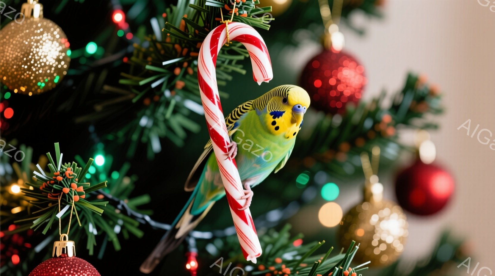クリスマスツリーの枝に、緑と黄色のセキセイインコが、赤と白のキャンディケーンにくっついています。インコは少し首をかしげて、好奇心旺盛な表情をしています。背景には、ぼやけたクリスマスオーナメントや光が散 - AI生成フリー素材