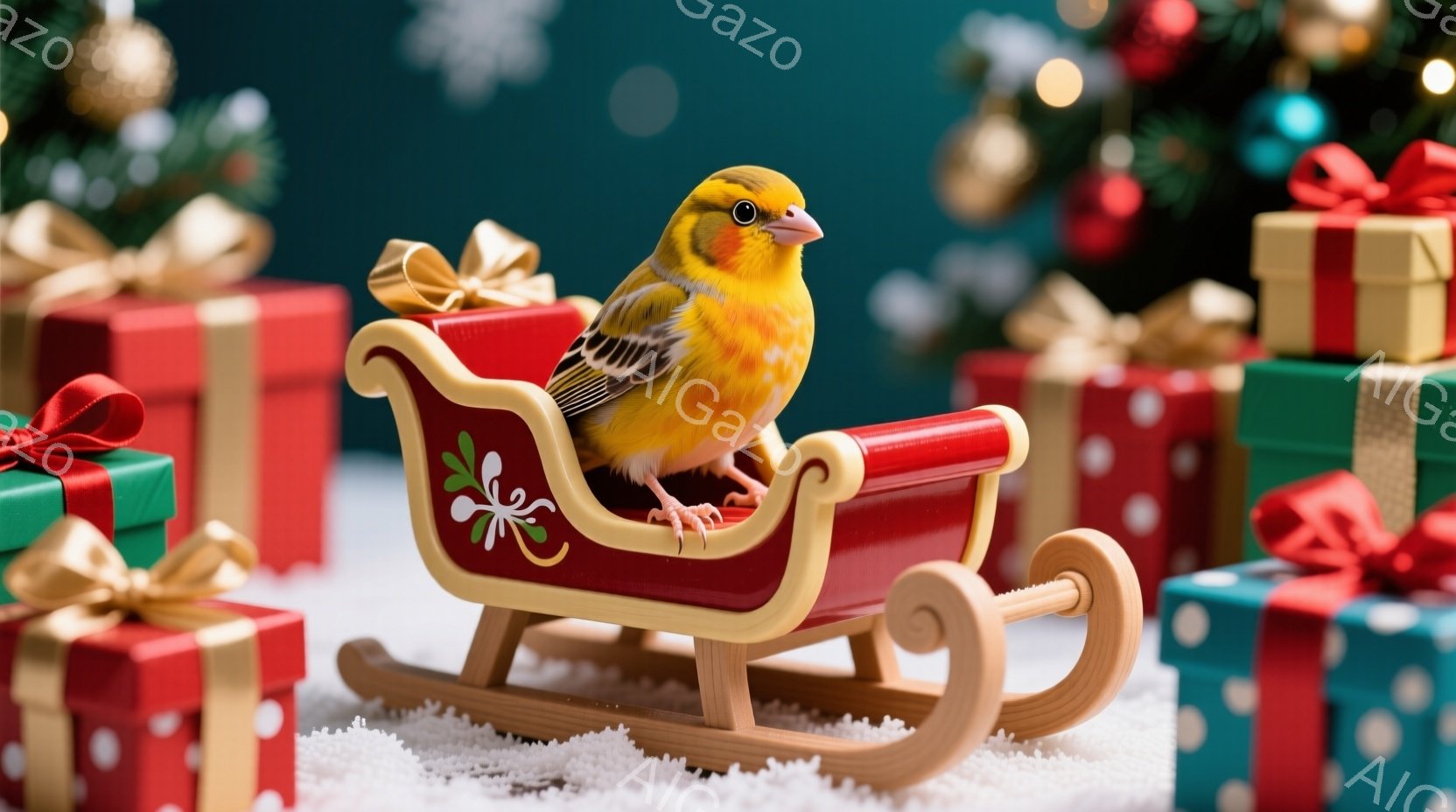 小さな鳥が赤いそりに乗っている様子が描かれています。背景には、きらびやかなクリスマスツリーと、赤や緑のリボンで飾られたプレゼントの山が広がり、雪がちらつく冬の情景が広がります。全体的に温かく、お祝いム - AI生成フリー素材