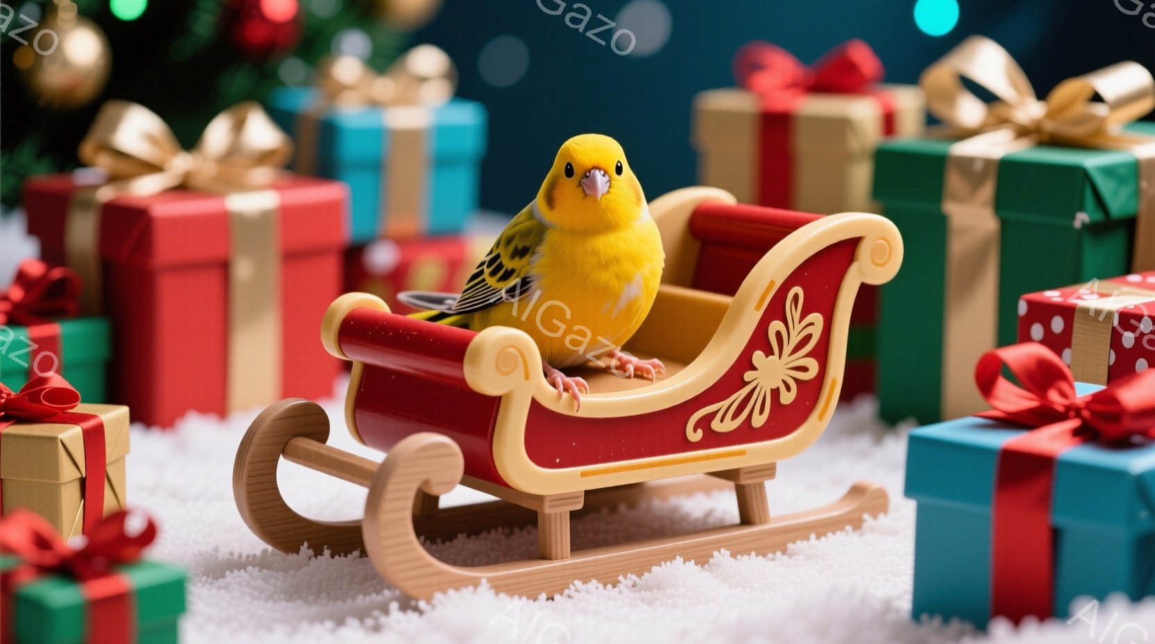 明るい黄色の鳥が、木製の赤いそりに乗っています。背景には、リボンのかかったプレゼントの山があり、まるでクリスマスを祝う準備ができているかのようです。全体的に暖かく、お祝いの雰囲気が漂っています。 - AI生成フリー素材