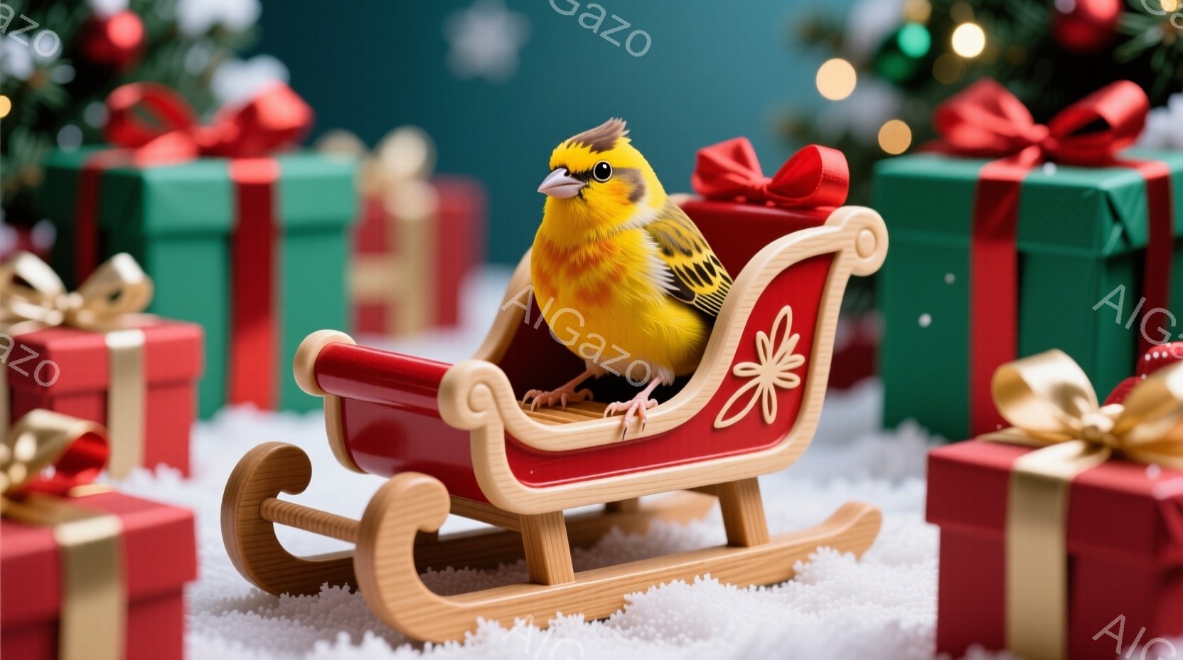 明るい黄色の鳥が、木製の赤いそりに座っています。背景には、赤と緑のプレゼントがいくつか置かれ、白い雪の上に並んでいます。全体的に、暖かく、お祝いの雰囲気で、クリスマスシーズンを連想させます。 - AI生成フリー素材
