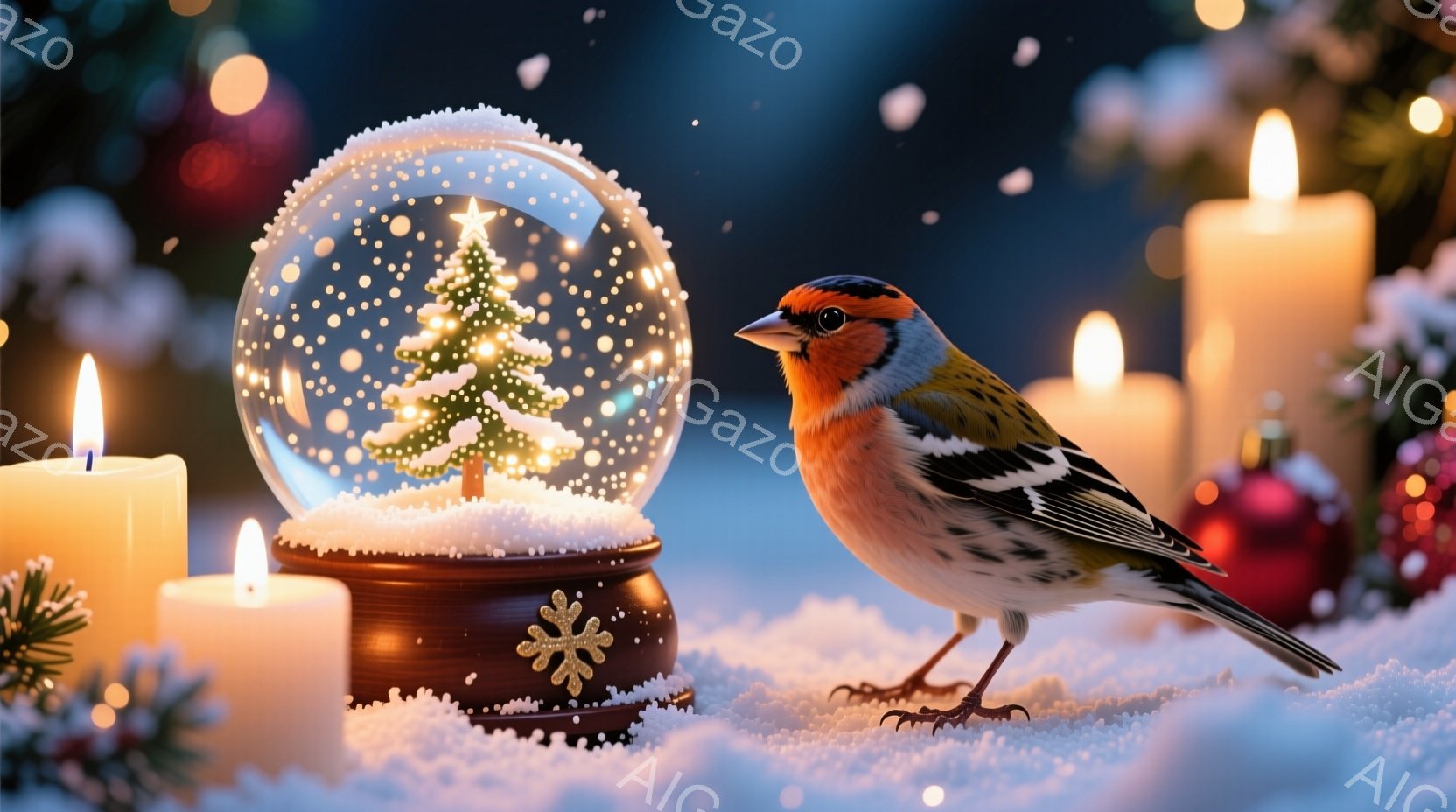 雪が舞う背景に、茶色い台座の上に置かれた雪のグローブと、その隣に立つ小さな鳥が描かれています。グローブの中には小さなクリスマスツリーがあり、周囲には暖かい光を放つキャンドルと赤いオーナメントが散りばめ - AI生成フリー素材