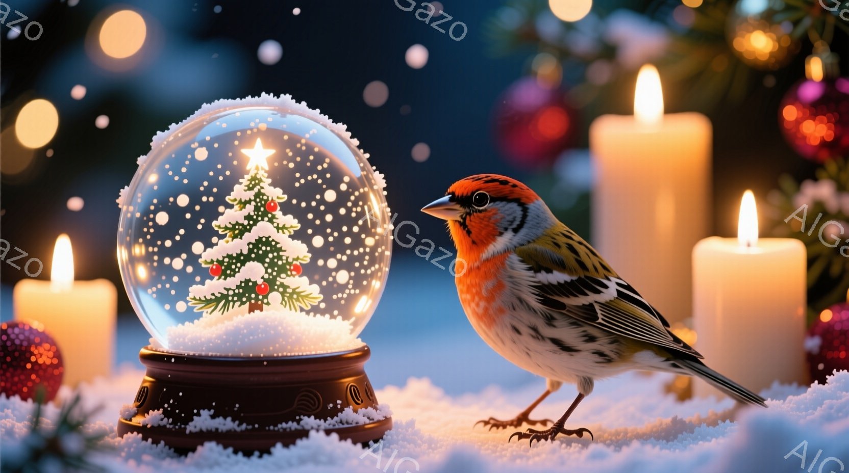 雪が降り積もった地面に、赤い頭を持つ美しい鳥が立っている。背景には、雪の結晶が舞うクリスマスの飾りが入ったグラスボールと、点灯したキャンドルが配置され、温かく幻想的な雰囲気を醸し出している。全体的に、 - AI生成フリー素材
