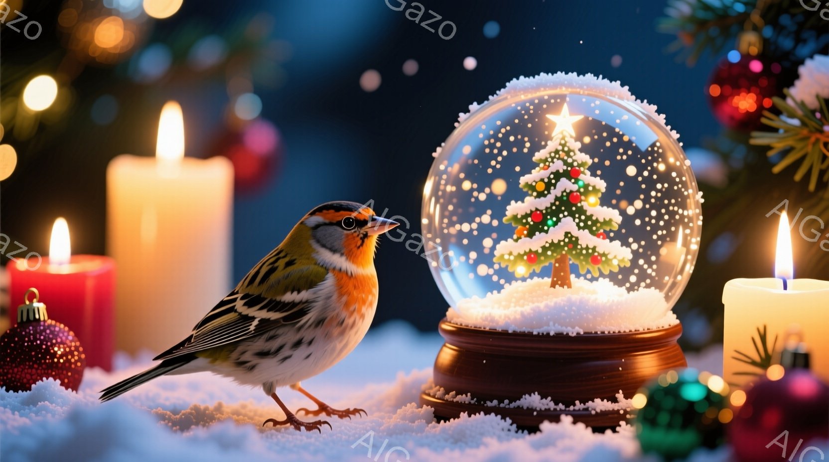 雪の上に、鮮やかな色の鳥が立っている。背景には、雪が降る中で光るクリスマスツリーが入った雪球と、暖かく灯るキャンドル、そしてカラフルなオーナメントが散りばめられている。全体的に暖かく、幻想的で、クリスマスの穏やかな雰囲気が漂っている。