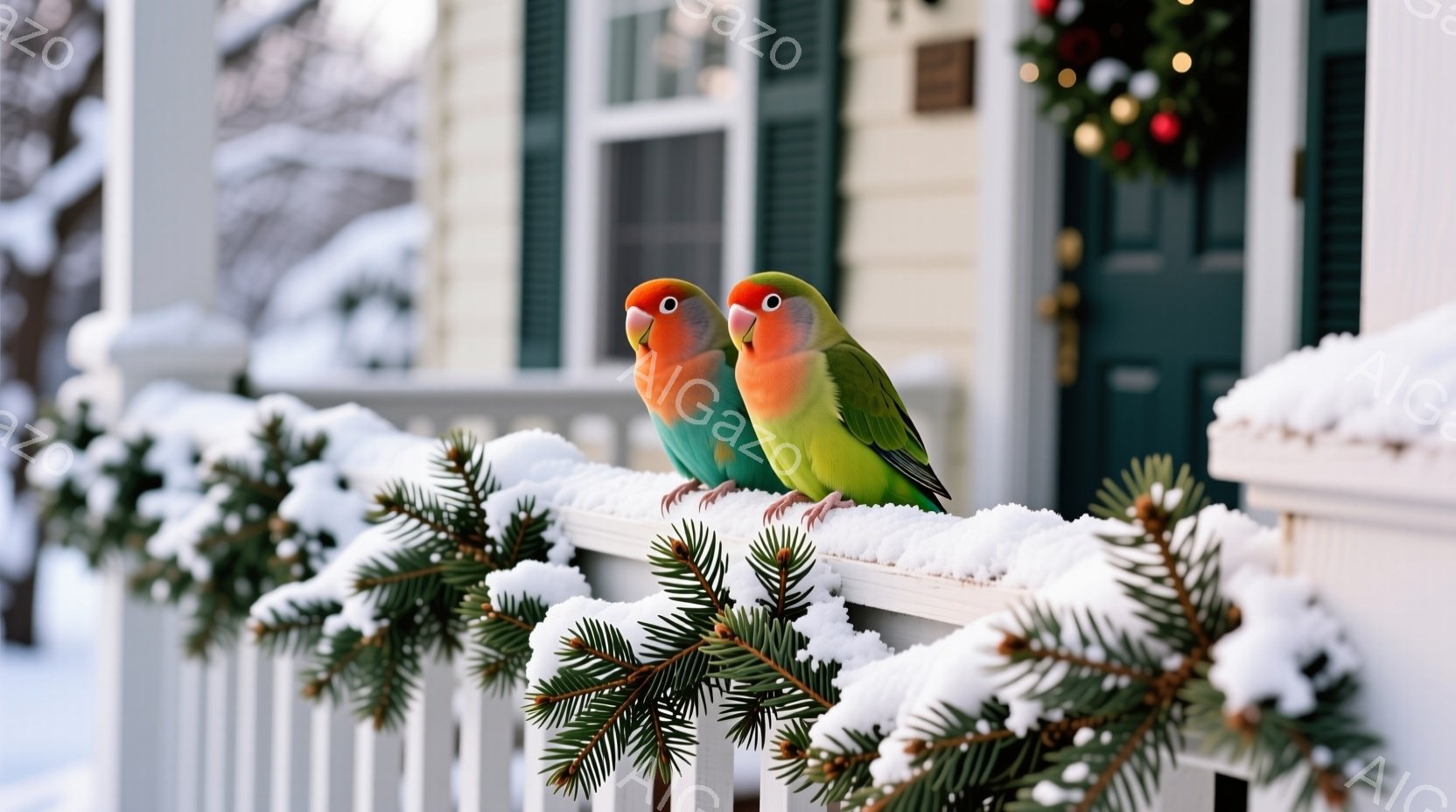 白い柵に二羽の緑と赤のセキセイインコが並んで止まっています。背景には雪で覆われた建物と、クリスマス風の飾りが施された玄関が見え、冬の穏やかな雰囲気を醸し出しています。インコたちは雪に覆われた柵の上で、 - AI生成フリー素材
