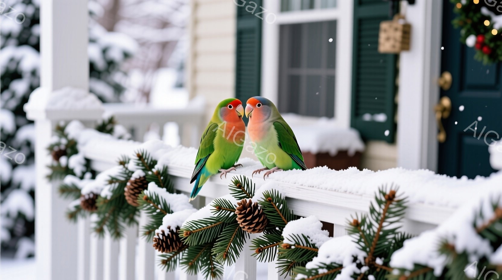 白い手すりに寄り添うように二羽のインコが写っています。緑と赤がかった体が雪に覆われた手すりとクリスマスの飾り付けである松ぼっくりや常緑樹の枝々と対照的で、暖かさと生命力を感じさせます。背景には雪に覆わ - AI生成フリー素材