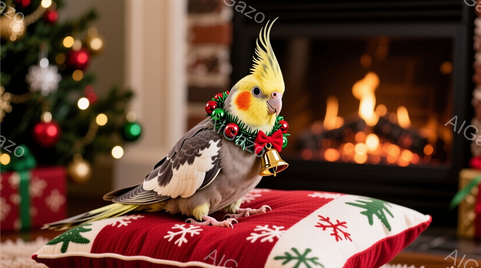 インコが赤いクリスマス柄のクッションの上に座っており、首には赤いリボンとベルのついた飾りをつけています。背景には、飾り付けられたクリスマスツリーと暖炉があり、温かく華やかな雰囲気を醸し出しています。イ - AI生成フリー素材