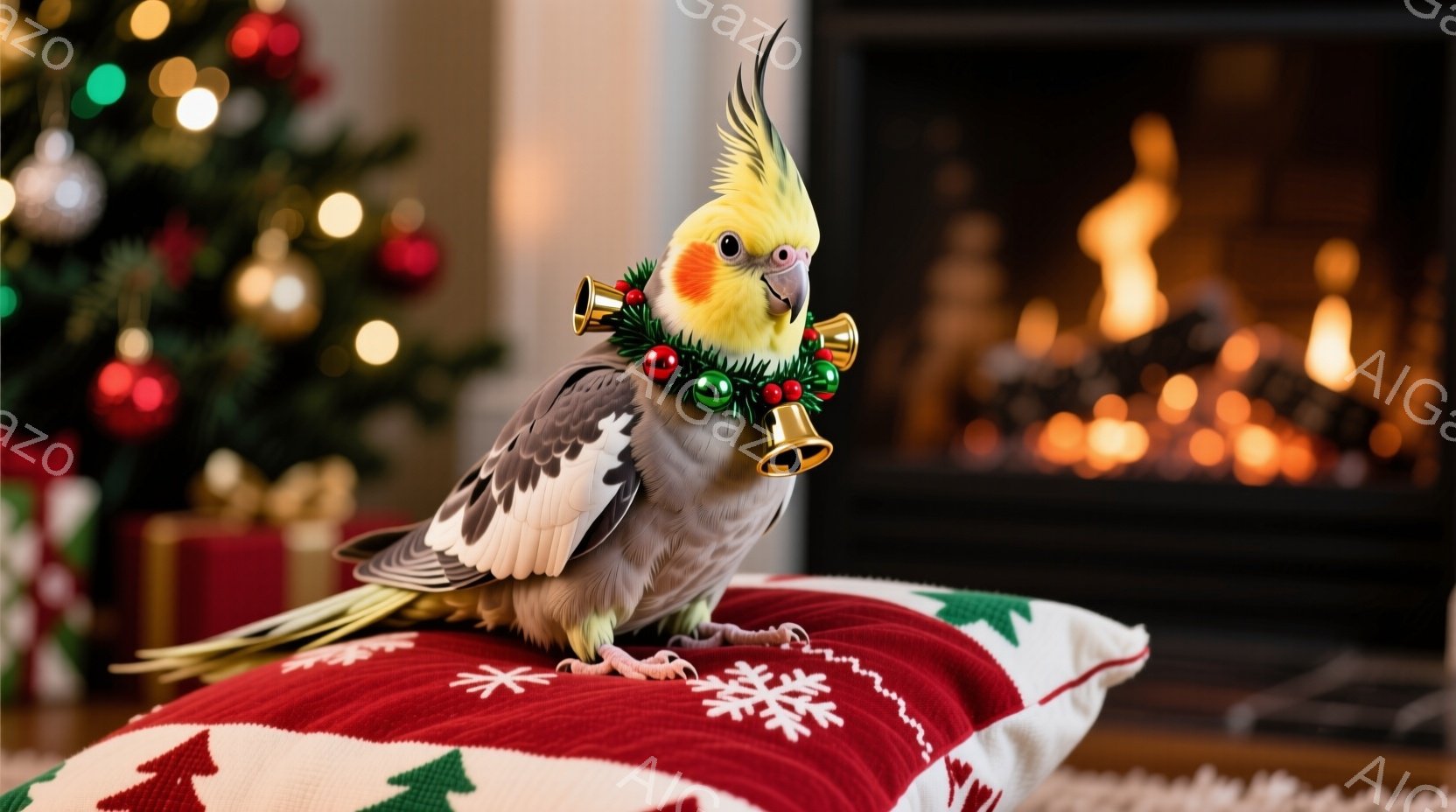 インコが赤いクリスマス柄のクッションの上に座っており、首にはクリスマスリースと小さな鈴が飾られています。背景にはキラキラと輝くクリスマスツリーと暖炉の炎が見え、温かく心地よい冬の雰囲気が漂っています。インコは少し前かがみになり、落ち着いた表情でこちらを見ているようです。