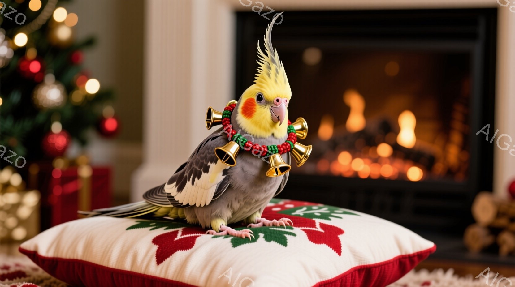 オカメインコが、クリスマスの飾り付けがされたクッションの上に座っています。首には、赤、金、緑の小さなベルが連なった首輪が巻かれており、少し誇らしげな表情をしています。背景にはクリスマスツリーと暖炉が見 - AI生成フリー素材