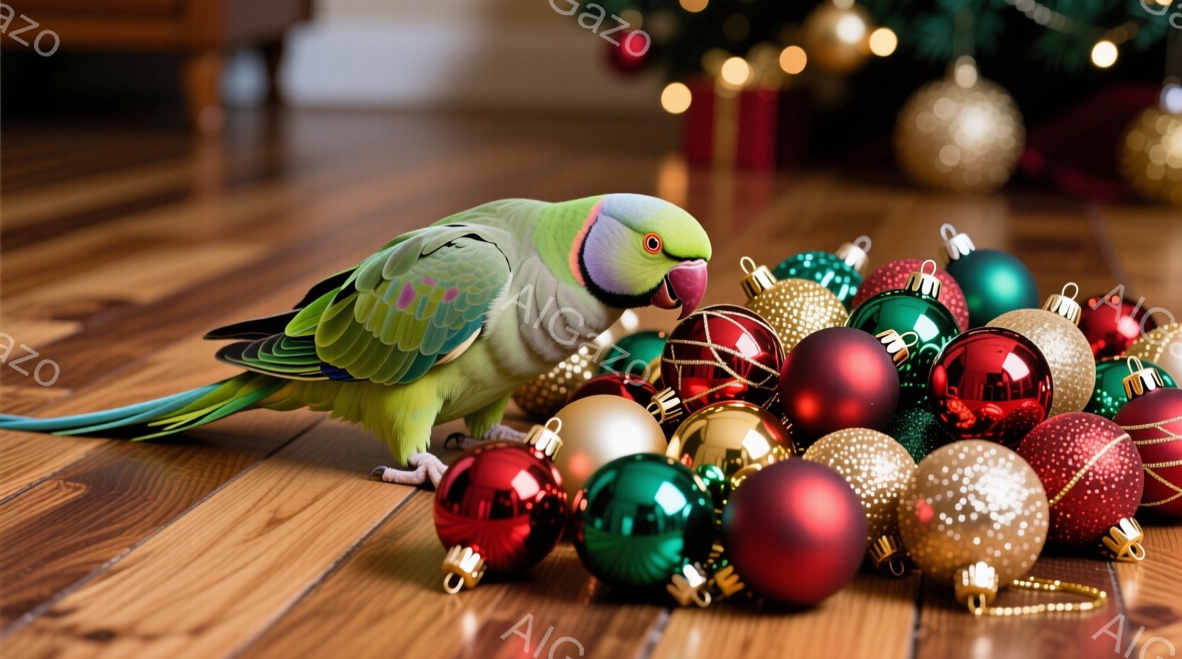 明るい木製の床に、緑、赤、金色のクリスマスオーナメントが散らばっています。鮮やかな緑色のインコがその中に寄り添うようにして佇んでおり、好奇心旺盛な表情でオーナメントを見つめています。背景にはぼやけたクリスマスツリーが見え、暖かく華やかなクリスマスの雰囲気を醸し出しています。