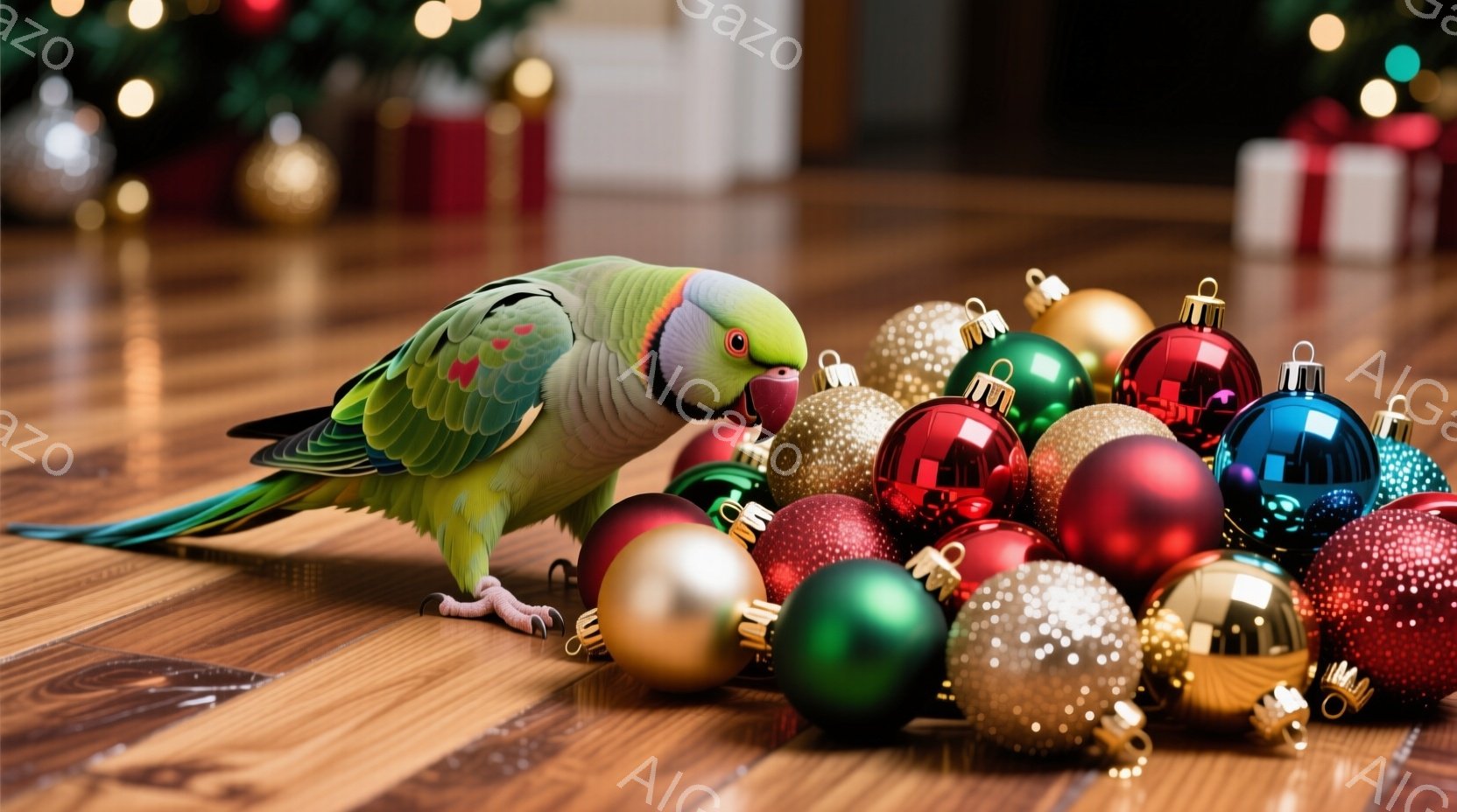 明るい木製の床に、カラフルなクリスマスオーナメントが散らばっており、その中に一羽の緑色のオウムが立っている。オウムは、興味津々とした表情でオーナメントを見つめており、まるで何かに夢中になっているかのようだ。背景にはぼやけたクリスマスツリーとプレゼントの箱が見え、暖かくお祝いムードに満ちた雰囲気が漂っている。