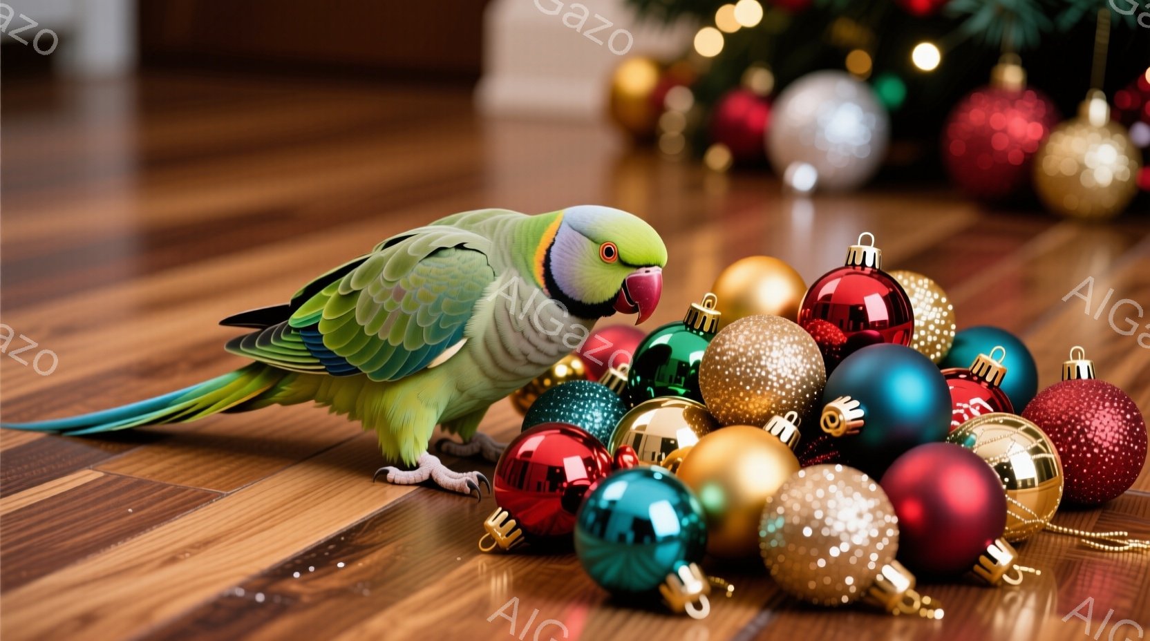 明るい茶色の木の床の上に、色とりどりのクリスマスオーナメントが散らばっています。緑色のインコがオーナメントのそばに立ち、赤いオーナメントを見つめています。背景にはぼやけたクリスマスツリーが見え、温かく - AI生成フリー素材