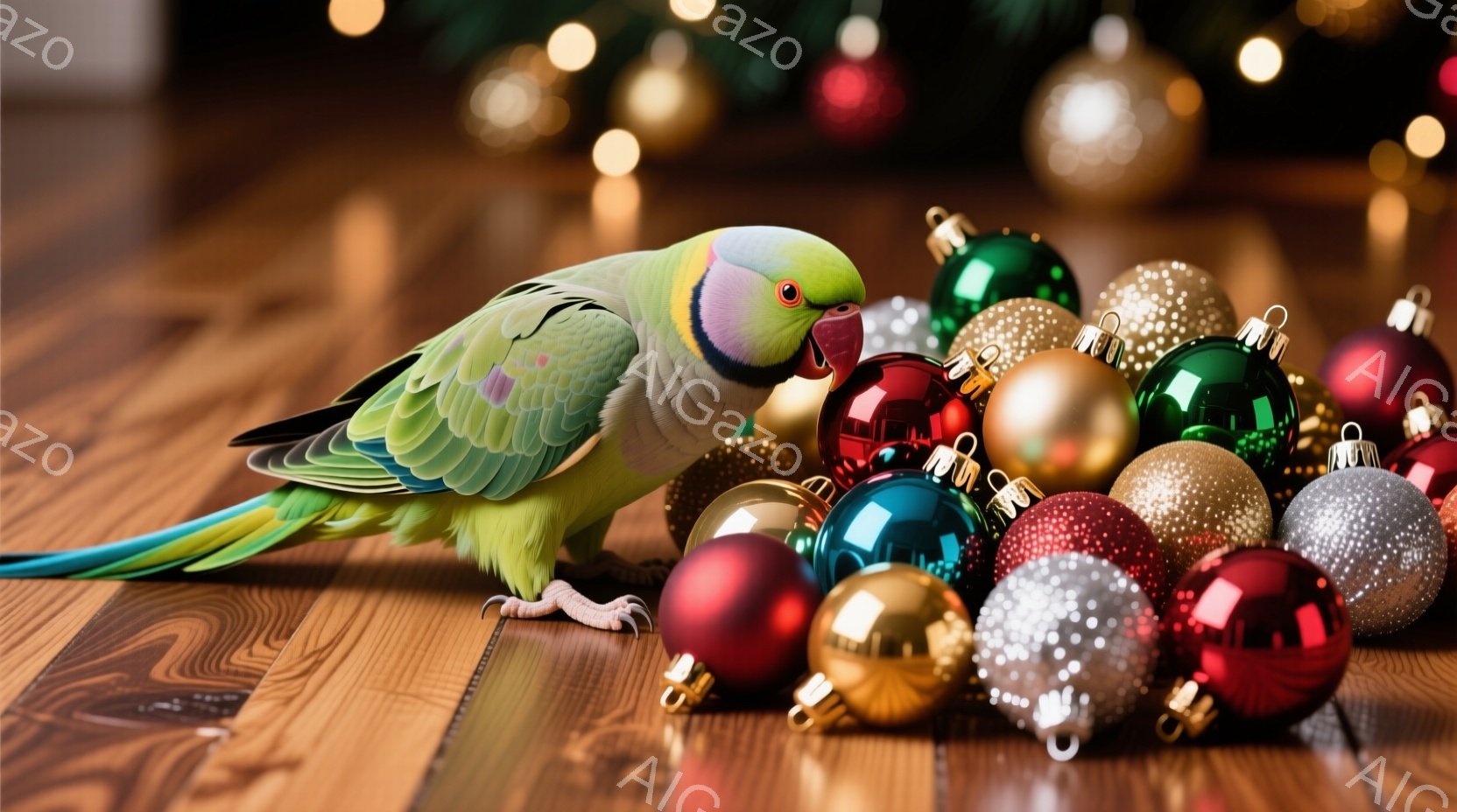 明るい木製の床の上に、様々な色のクリスマスオーナメントが散らばり、その中に一羽の緑色のオカメインコが寄り添っています。オカメインコは、赤いオーナメントを覗き込むように頭を下げ、好奇心旺盛な表情をしてい - AI生成フリー素材