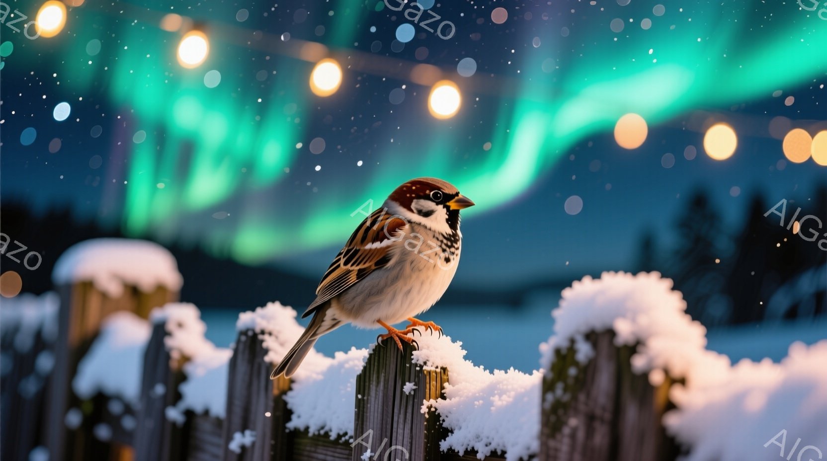 凍てつくような冬の風景の中に、雪をかぶった木の柵にとまった小鳥が描かれています。小鳥は茶色と白の美しい模様を持ち、先を見つめるようにまっすぐ前を向いています。背景には、緑色のオーロラとぼんやりとした木 - AI生成フリー素材