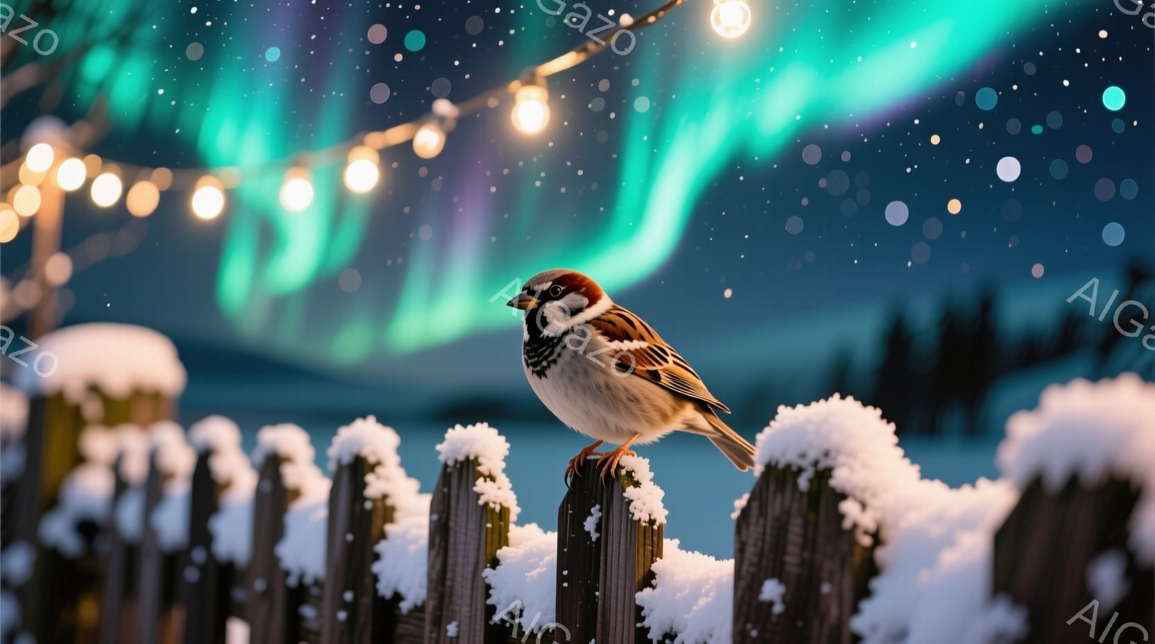 雪に覆われた木の柵の上に、一羽のスズメが止まっています。背景には、緑と紫のオーロラが輝き、空には無数の星が散りばめられています。冬の寒さと幻想的な光が、静かで美しい雰囲気を醸し出しています。 - AI生成フリー素材