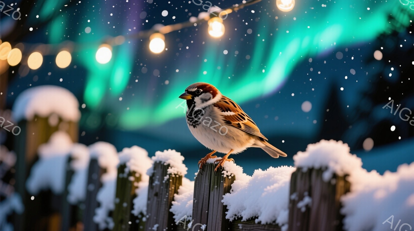 雪が積もった木の柵にとまっているスズメが描かれています。スズメは茶色と白の毛並みで、鋭い目で前を見据えています。背景には、緑と青のオーロラのような光と、ぼんやりとした光の連なる様子が見られ、冬の幻想的 - AI生成フリー素材