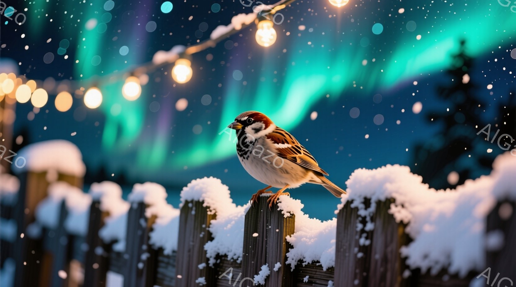雪が積もった木製の柵の上に、小さなスズメが止まっています。スズメは茶色と白の羽を持ち、活発な表情で前を見つめています。背景には、オーロラのような緑色の光と、ぼんやりと見える雪景色が広がり、幻想的な冬の - AI生成フリー素材