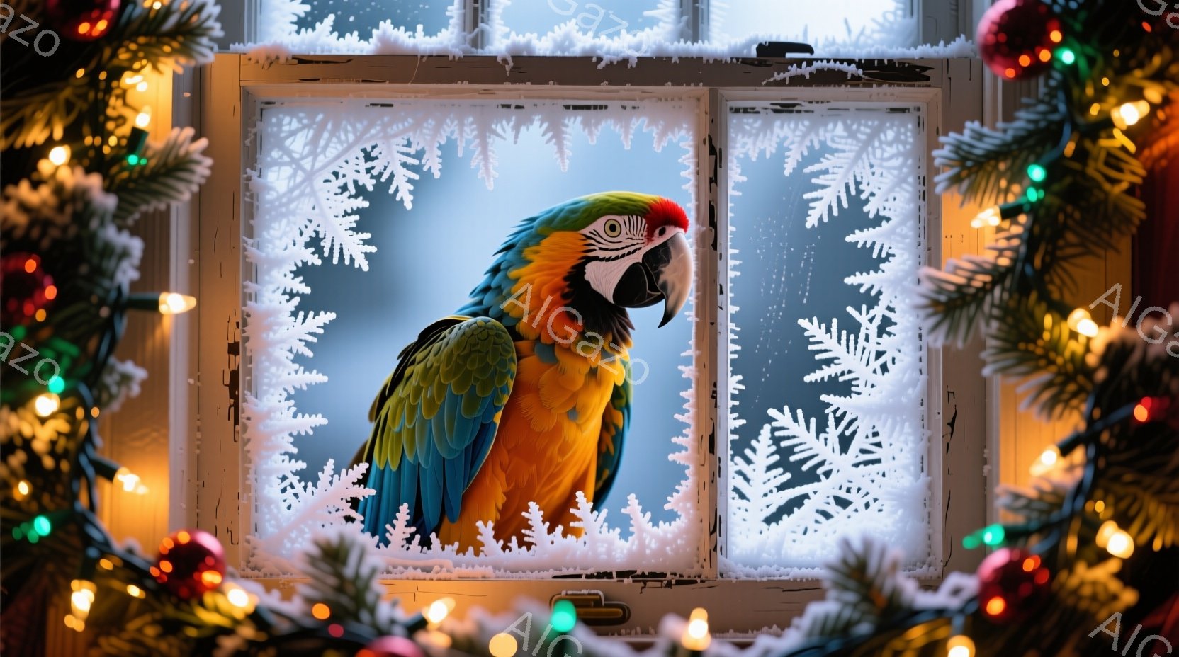 白い窓枠の中に、鮮やかな色のコンゴウインコが正面を見つめています。背景には雪景色が見え、窓枠には繊細な雪の結晶模様が描かれています。周囲にはクリスマスツリーの緑葉とカラフルな電飾が飾られ、温かく、お祝 - AI生成フリー素材