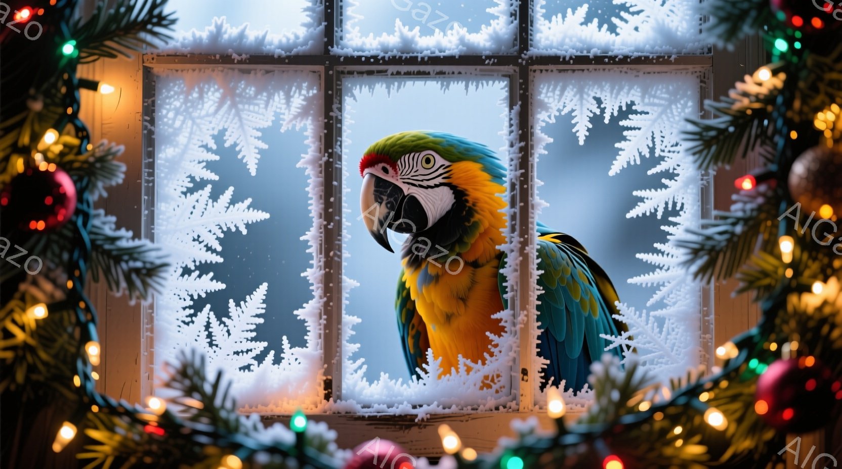 鮮やかな緑、青、黄色を持つコンゴウインコが、霜で覆われた窓枠の中でこちらを見ている。背景はぼやけた冬の風景で、雪が降っている様子が伺える。窓枠の周りには、クリスマスツリーの飾りと点灯された電飾が飾られ - AI生成フリー素材