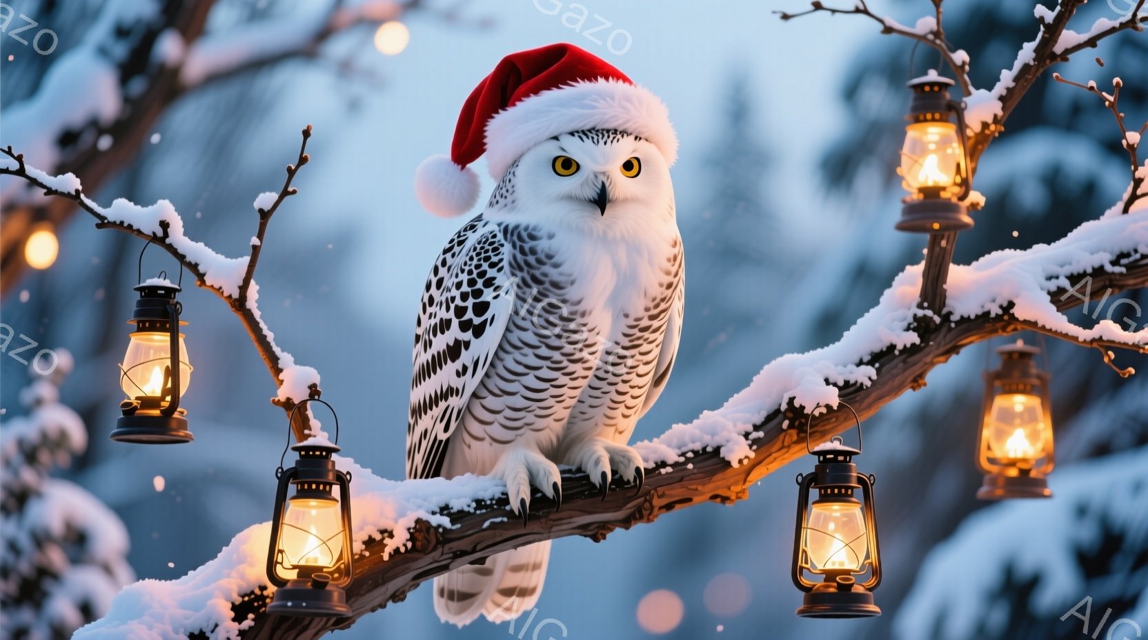 白いフクロウがクリスマスツリーのような木の枝に座っており、赤いサンタ帽を被っています。雪が降り積もり、枝にはいくつかの提灯が飾られており、暖かい光を放っています。全体的に、冬の暖かく幻想的な雰囲気を醸 - AI生成フリー素材