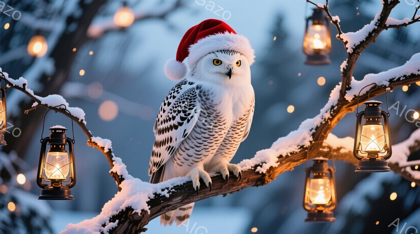 白いフクロウが、頭に赤いサンタ帽をかぶって枝に止まっています。雪が降り積もった枝と、暖かく光るランタンが周囲を飾り、冬の静寂と祝祭の雰囲気が漂っています。フクロウは鋭い眼差しでこちらを見つめ、凛とした - AI生成フリー素材