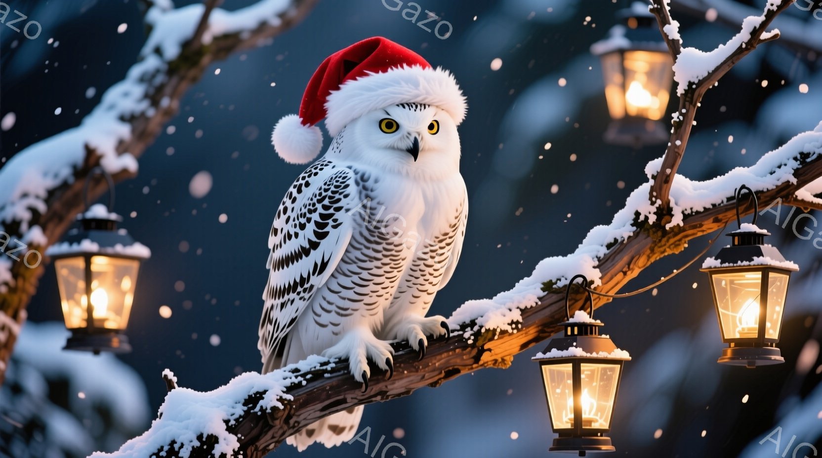 白いフクロウが雪に覆われた木の枝にとまっており、赤いサンタ帽をかぶっています。背景には点灯したランタンがいくつか並び、雪が舞う冬の夜を思わせる幻想的な雰囲気です。フクロウは前をまっすぐ見つめ、静かで厳 - AI生成フリー素材