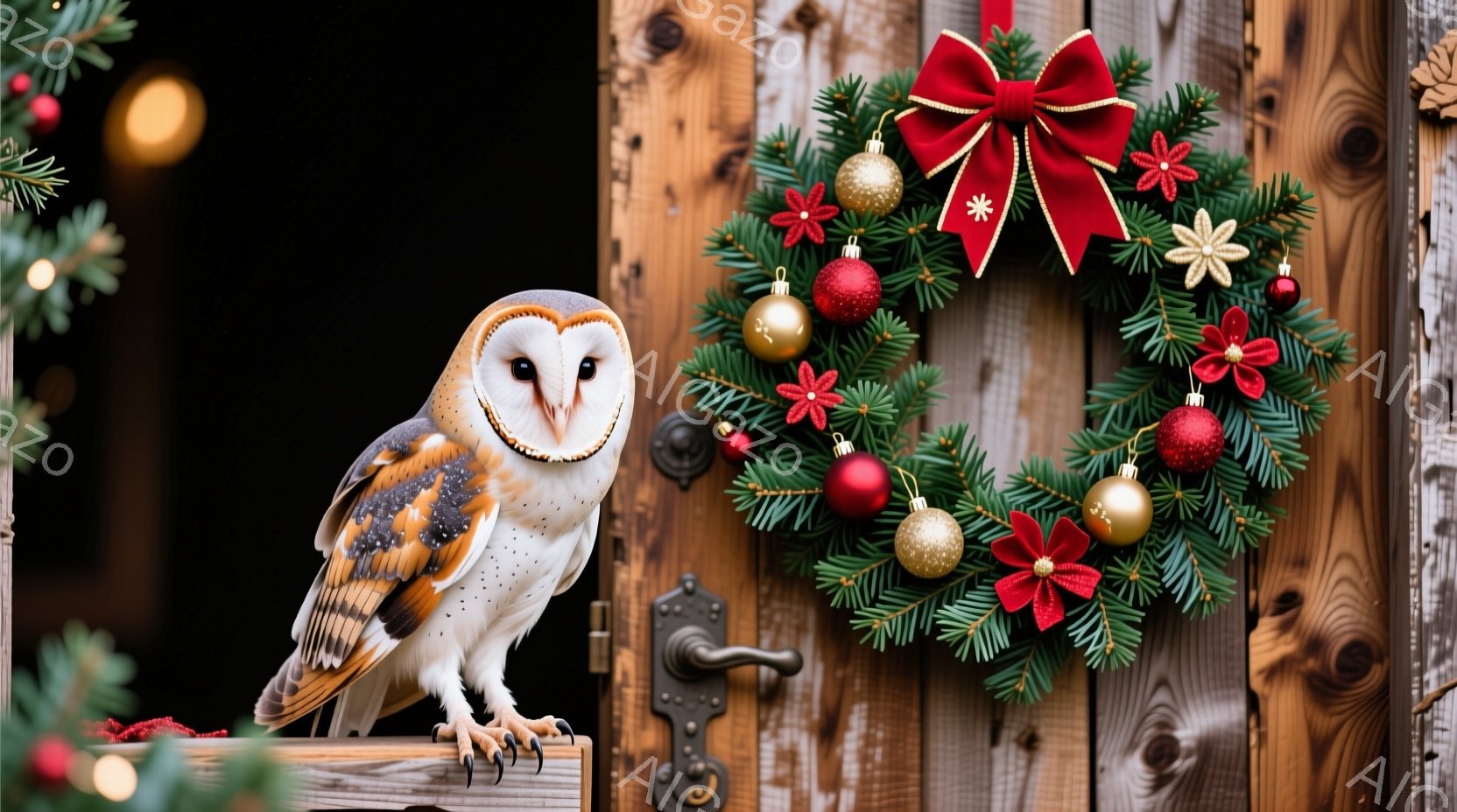 ぼんやりとした表情のメンフクロウが木製のドアのそばに止まっています。ドアにはクリスマスを祝うリースが飾られ、背景には緑色の植物が見えます。全体的に、冬の穏やかな、お祭り気分を味わえる様子が描かれていま - AI生成フリー素材
