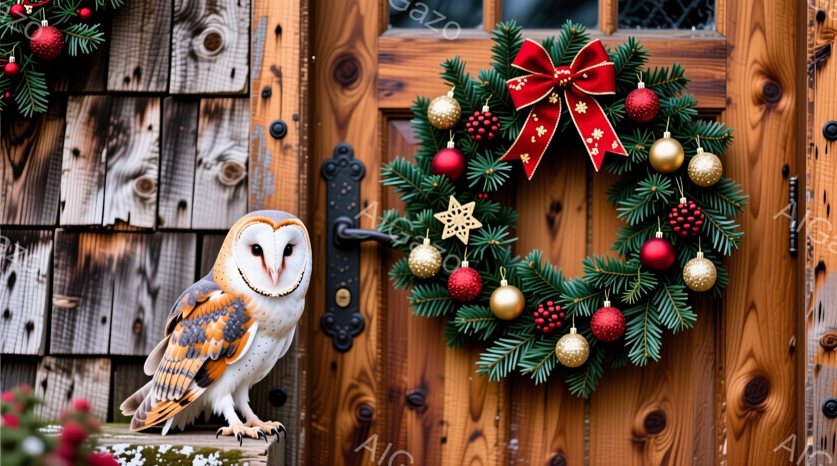 藁葺き屋根の木製のドアのそばに、美しいメンフクロウが止まっています。ドアには、赤い実や金色の星で飾られたクリスマスリースが掛かっており、冬の暖かさと祝祭の雰囲気を醸し出しています。背景には植物が見え、穏やかな冬の日の安らかさと、自然に包まれた静けさが感じられます。