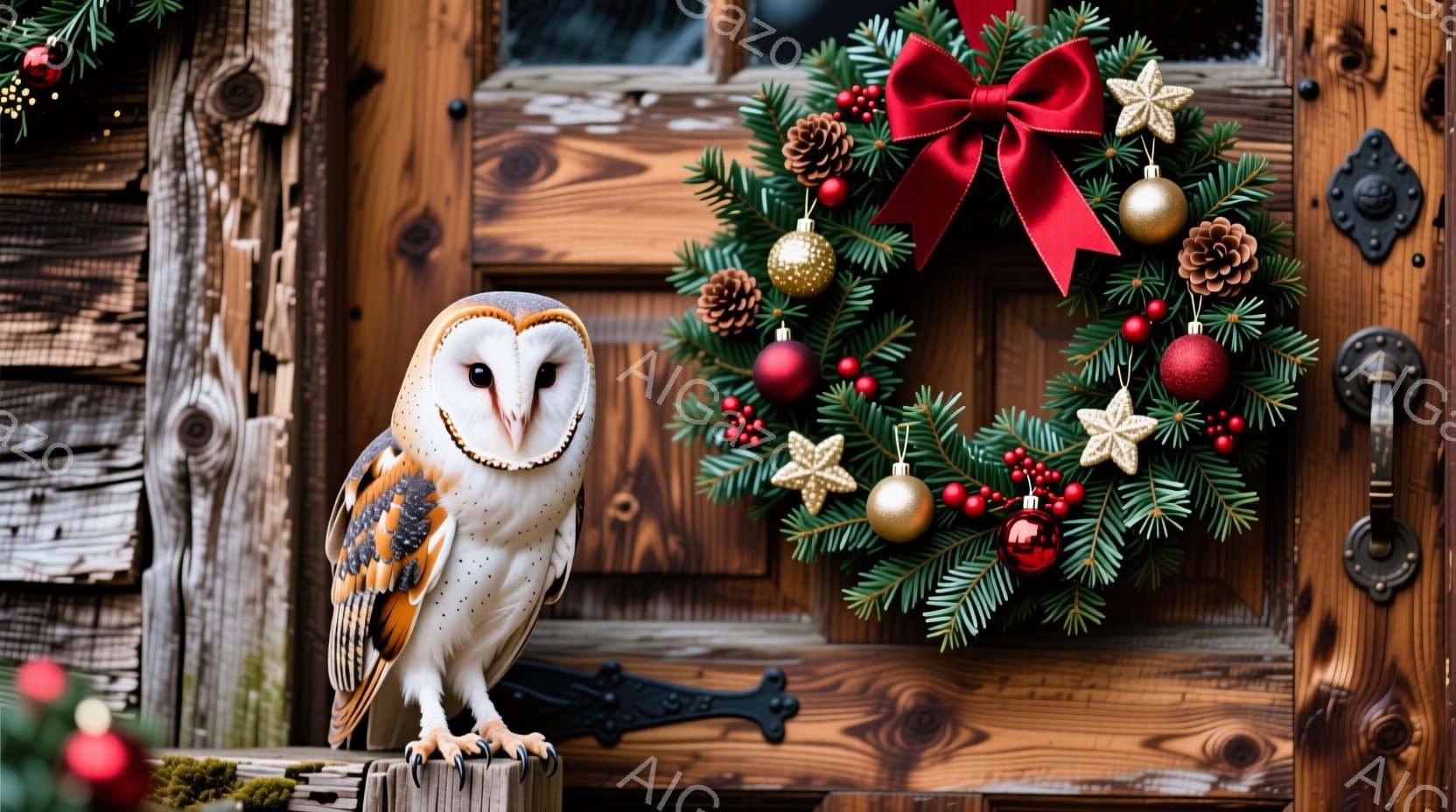 白い顔と茶色の斑点模様を持つメンフクロウが、古びた木のドアの横の柵にとまっています。ドアにはクリスマスリースが飾られており、赤いリボンと金色のオーナメントで飾られています。全体的に、冬の暖かく、お祝いの雰囲気が漂っています。