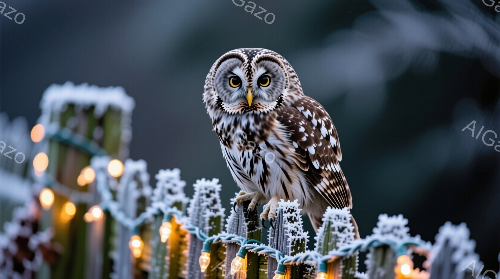 白いフクロウが雪で覆われた柵にとまっており、鋭い視線で正面を見つめている。クリスマスのような光る電飾が柵に巻き付けられ、背景は暗い木々と雪景色で、冬の静寂な雰囲気を醸し出している。フクロウの羽は細かく - AI生成フリー素材