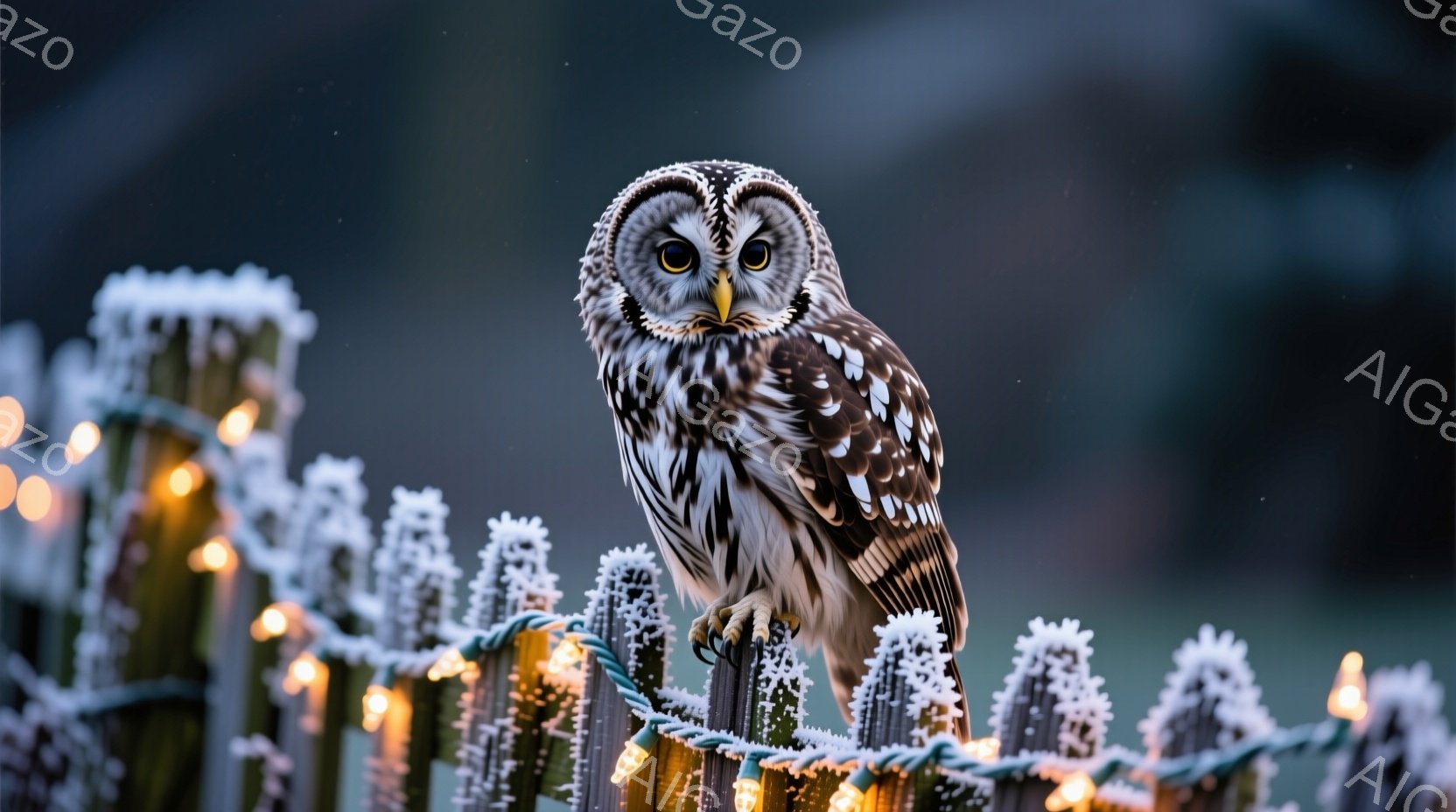 白い雪に覆われた柵の上にとまったフクロウが、鋭い眼光でこちらを見つめている。背景は暗く、ぼやけた緑と暗い空が広がり、柵に巻き付けられた暖かい色のイルミネーションが冬の寒さを和らげている。フクロウの羽は細部まで鮮明に描写され、その威厳と静けさが感じられる。