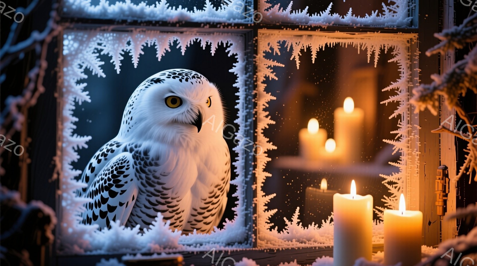 白いフクロウが霜で覆われた窓に寄り添い、鋭い黄色い目で正面を見つめている。室内には数本の燃え盛るロウソクが置かれ、暗闇の中に暖かい光を投げかけている。窓の外は雪景色で、凍り付いた枝がシルエットとして浮かび上がり、冬の静寂と安らぎを感じさせる雰囲気である。