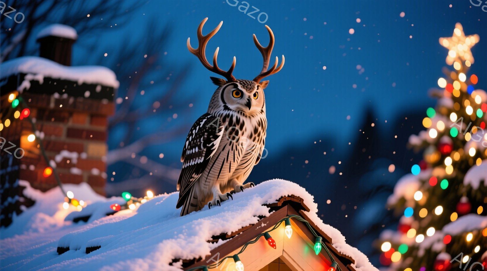雪に覆われた屋根の上に、大きなフクロウが堂々と座っています。背景には、点灯したクリスマスライトで飾られたモミの木とレンガ造りの煙突が見え、雪が舞う冬の夜空が広がっています。フクロウは鋭い眼光で正面を見 - AI生成フリー素材