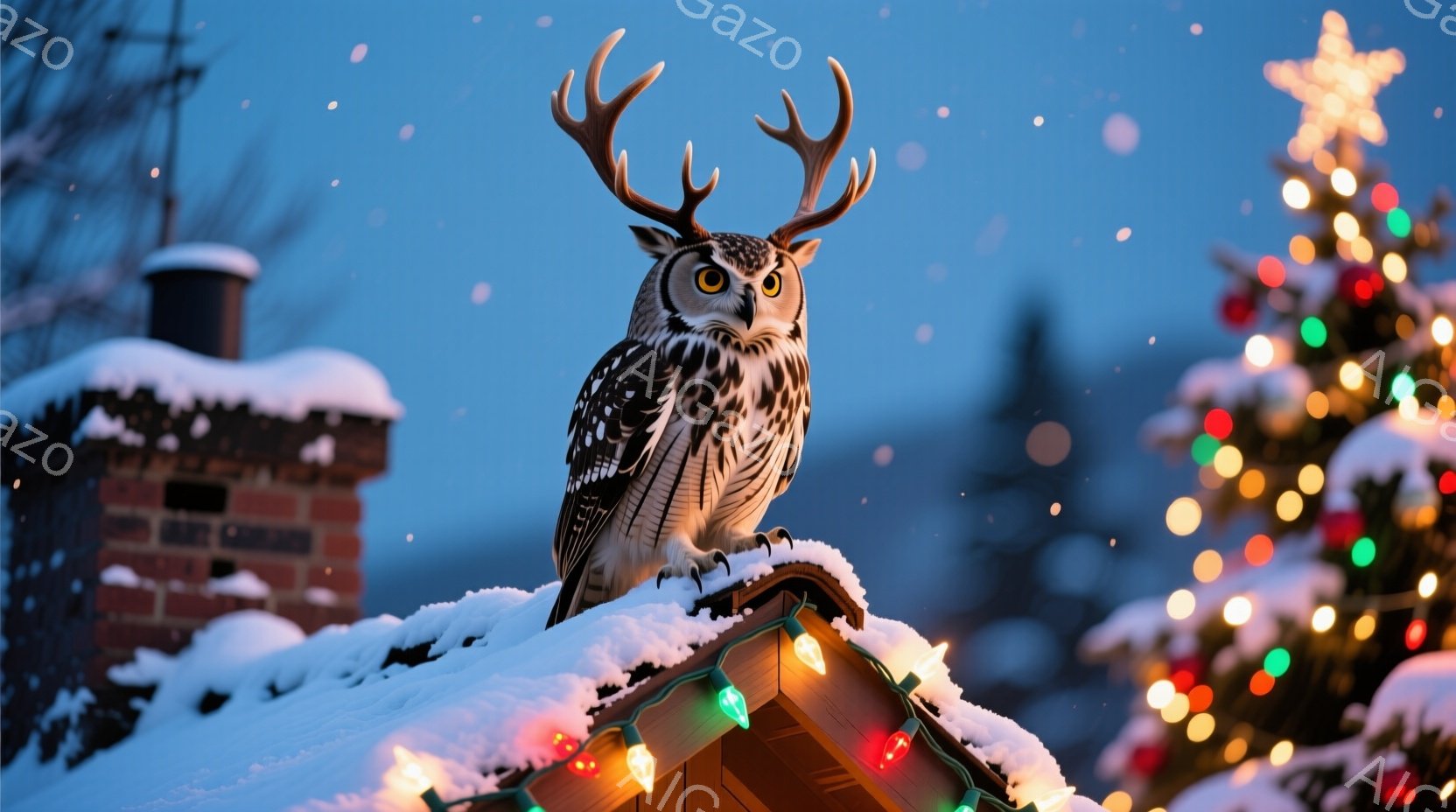 雪が降り積もる屋根の上には、大きなフクロウが立っている。フクロウは鋭い眼差しでこちらを見つめ、白い羽毛は雪景色に溶け込んでいる。背景には、色とりどりのクリスマスツリーと、煙突から立ち上る煙が見え、冬の - AI生成フリー素材