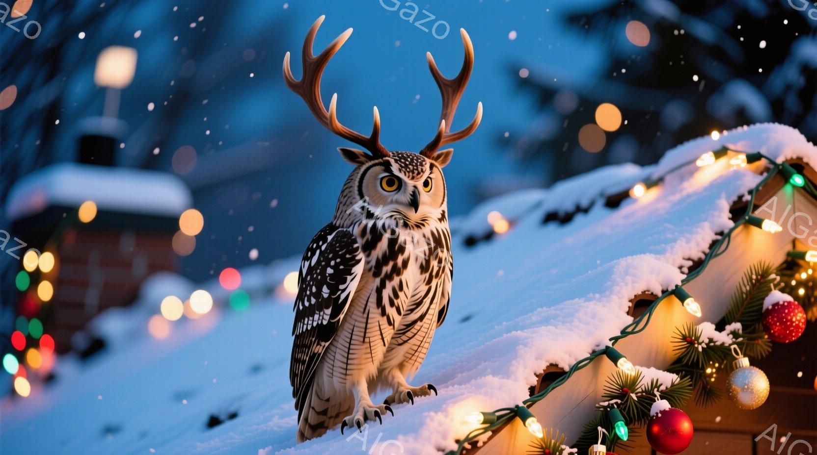 雪の上に、大きなフクロウが立っている。クリスマスの飾り付けが施された建物が背景にあり、暖かい光が雪に反射している。フクロウは鋭い眼差しで正面を見据え、冬の夜の幻想的な雰囲気を醸し出している。