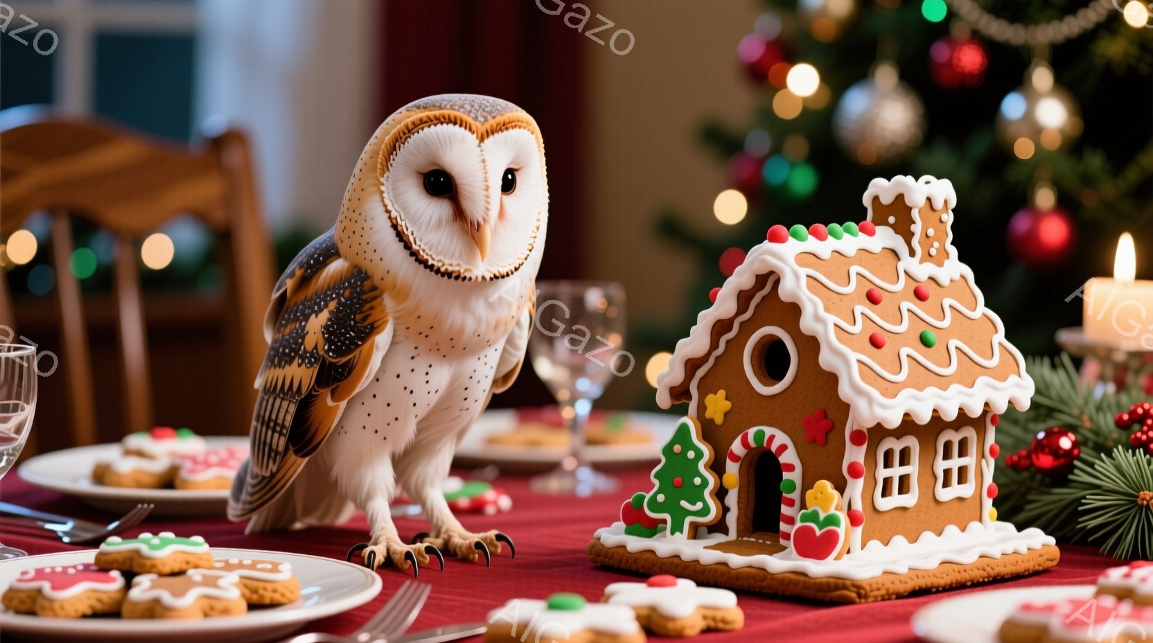 深紅色のテーブルクロスの上に、可愛らしいメンフクロウが立っています。背景にはクリスマスツリーのぼんやりとした光があり、ジンジャーブレッドハウスとクッキーが置かれた食卓が暖かく、お祝いの雰囲気を醸し出し - AI生成フリー素材