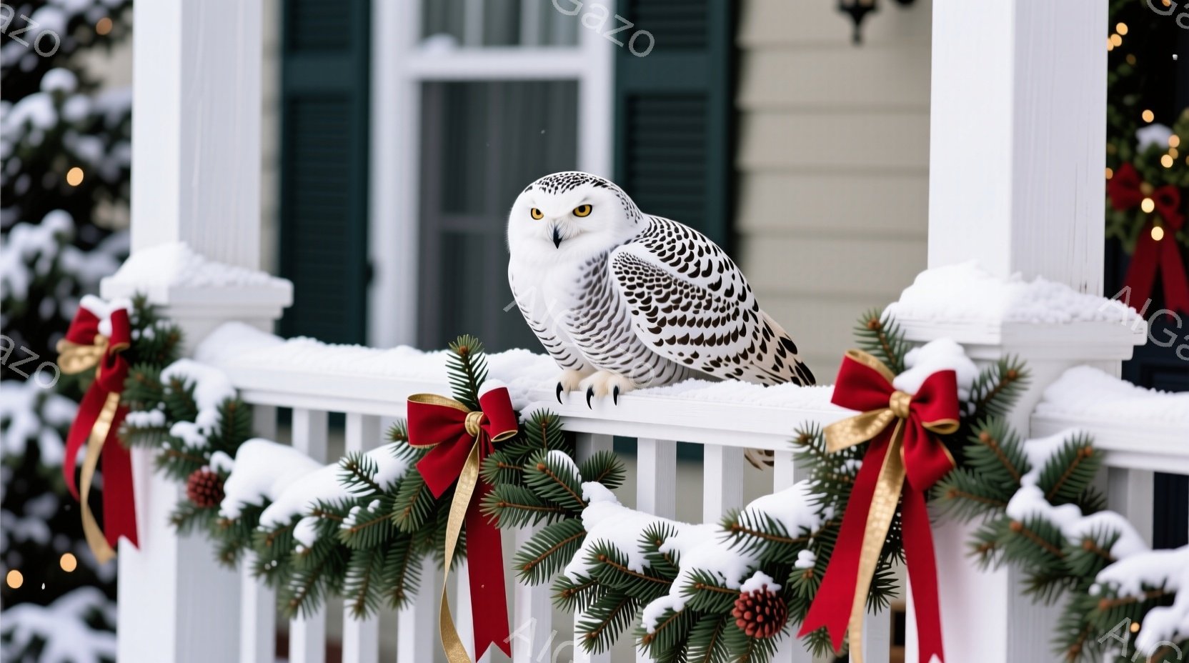 白い柵の上に、美しい雪フクロウが止まっています。フクロウは鋭い目つきで正面を見つめ、雪で覆われたエバーグリーンのリースと赤いリボンで飾られた柵が背景にあります。背景には、雪化粧された建物が見え、冬の穏 - AI生成フリー素材