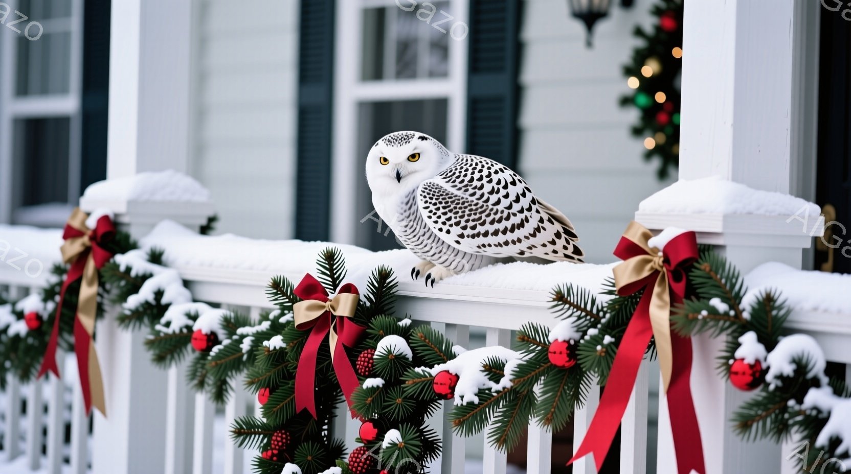 白いフクロウが、クリスマス装飾された白い柵にとまっている。雪が降り積もり、背景には赤いリボンと常緑樹で飾られた家が見える。冬の静寂と、フクロウの鋭い眼差しが印象的な、穏やかで美しい光景である。 - AI生成フリー素材