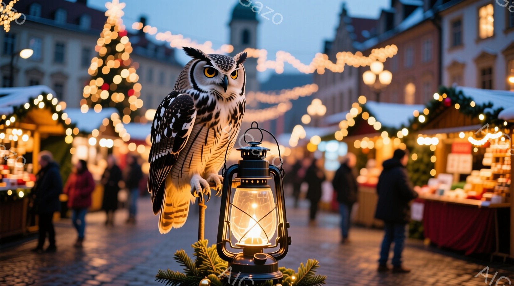 賑やかなクリスマスマーケットの風景の中に、一羽のフクロウがランタンの上に止まっています。フクロウは鋭い眼差しで正面を見つめ、その羽は細部まで緻密に描かれています。背景には、ライトアップされた建物や賑わう人々が見え、冬の暖かく華やかな雰囲気を醸し出しています。